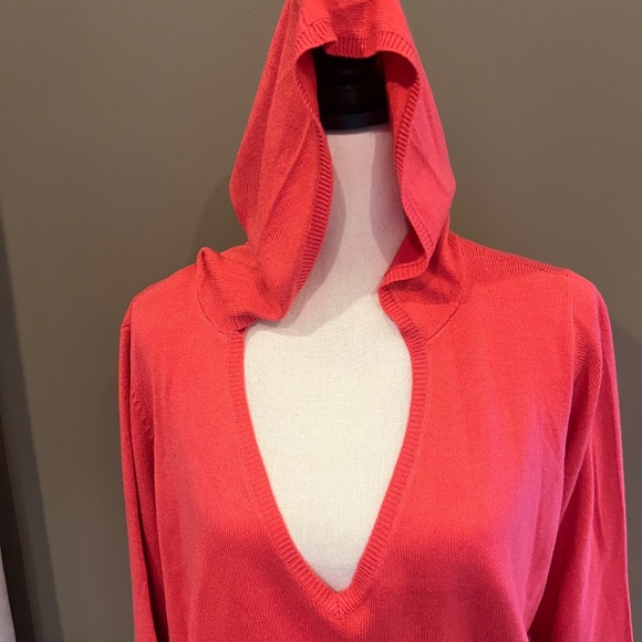 New York & Company Pinky Coral V-neck Hooded Asymmetrical sweater, Size Large - Picture 2 of 8